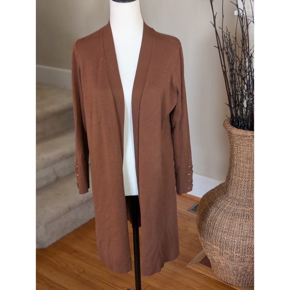 Dark Caramel Open Front Longline Cardigan Crisscross Grommet Cuffs M